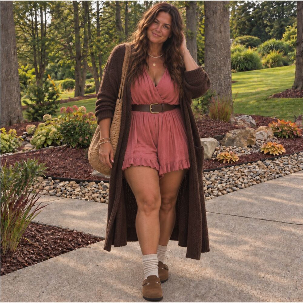 dusty rose woven romper xl ruffle boho romantic cottagecore prairie